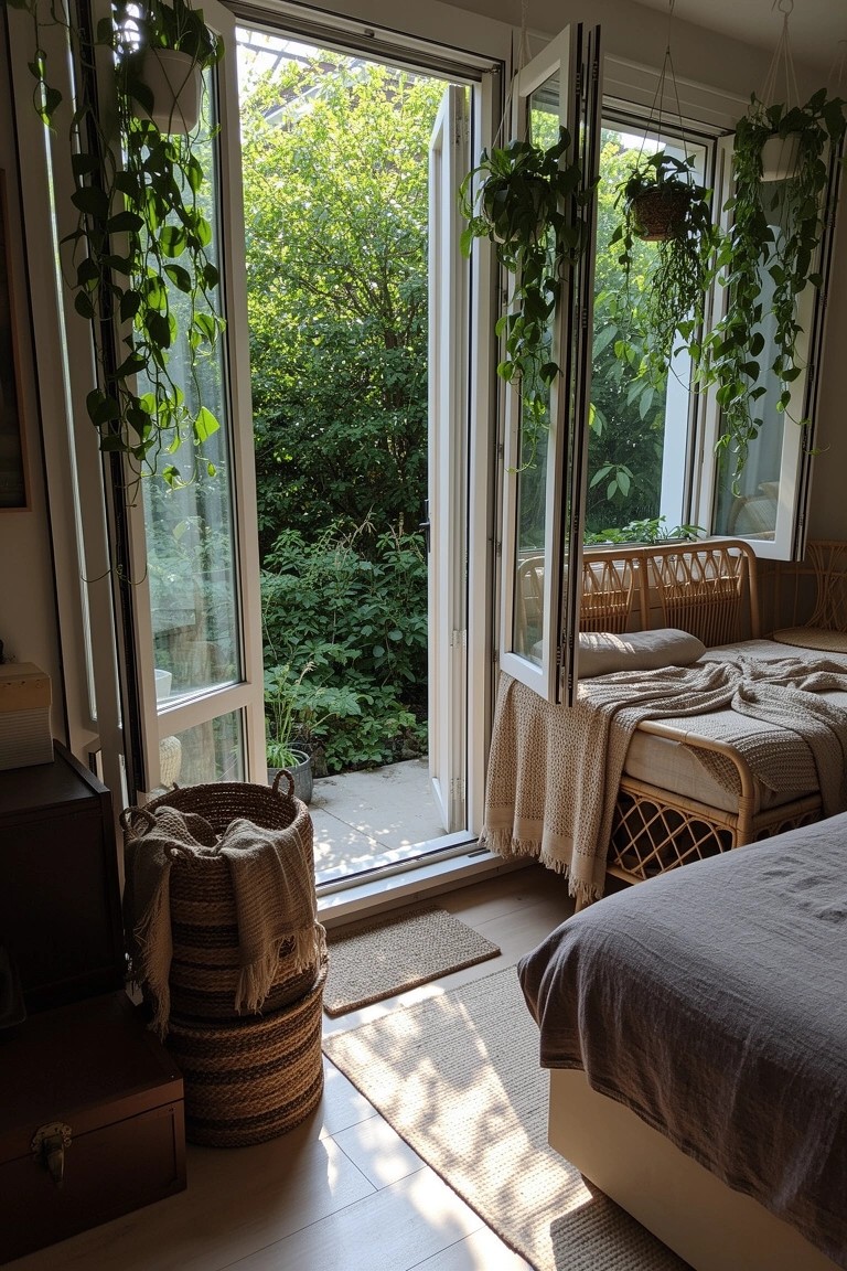 Boho bedroom with open French doors to lush garden, hanging plants draping frames, rattan bench and neutral bedding