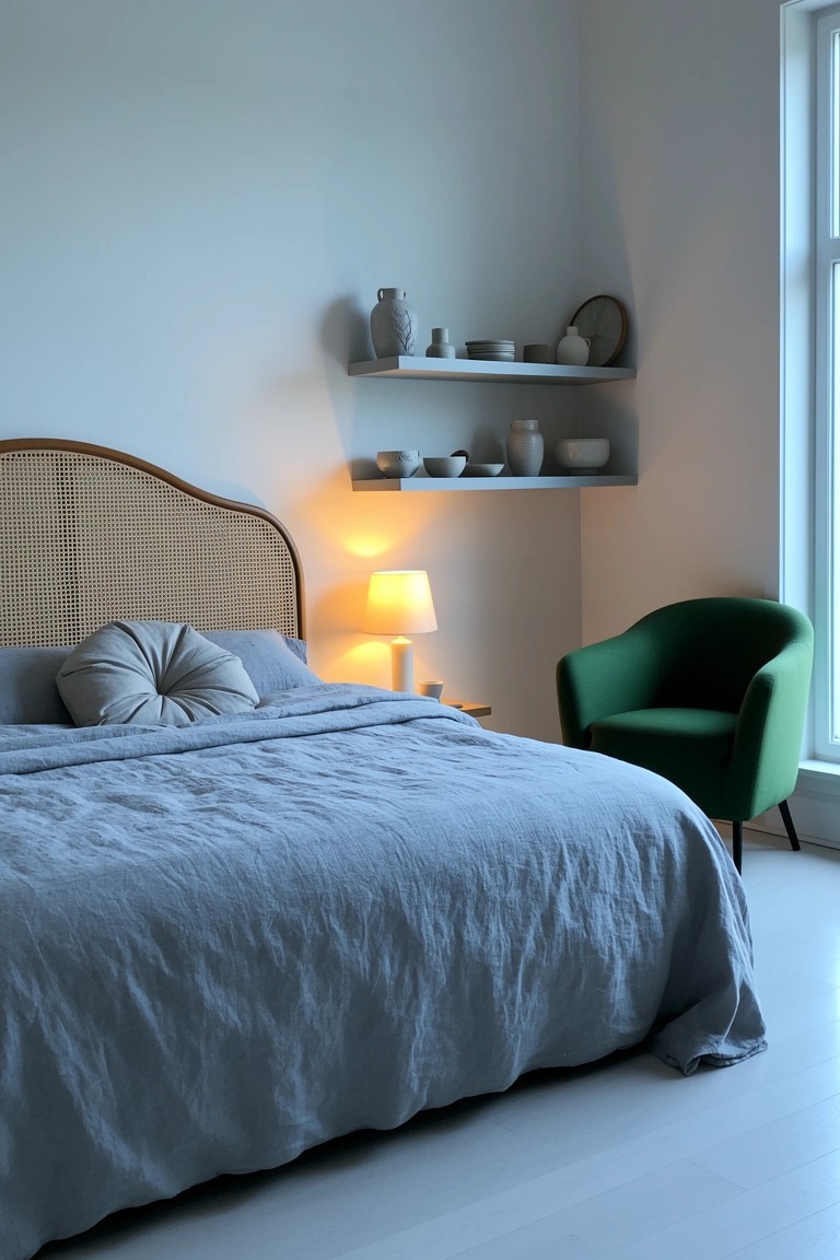 Boho bedroom with floating shelves of white and gray pottery above a cane headboard bed draped in gray linens, plus a green chair by the window