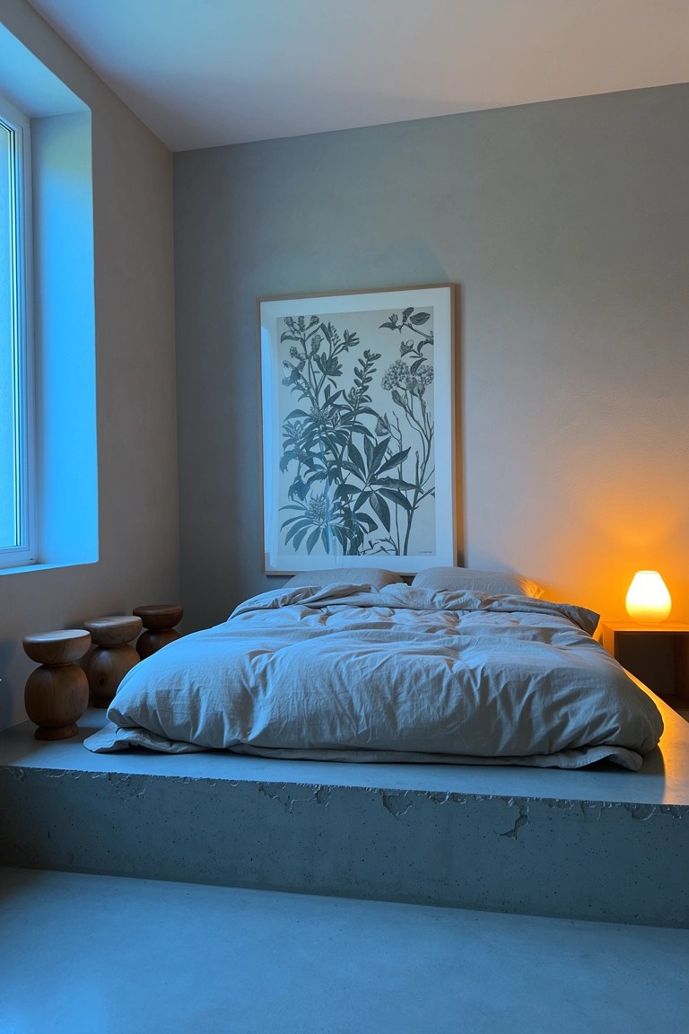 Minimalist boho bedroom featuring a bed on a raised concrete platform with terracotta stools, gray duvet, botanical print on wall, and soft lamp light near window