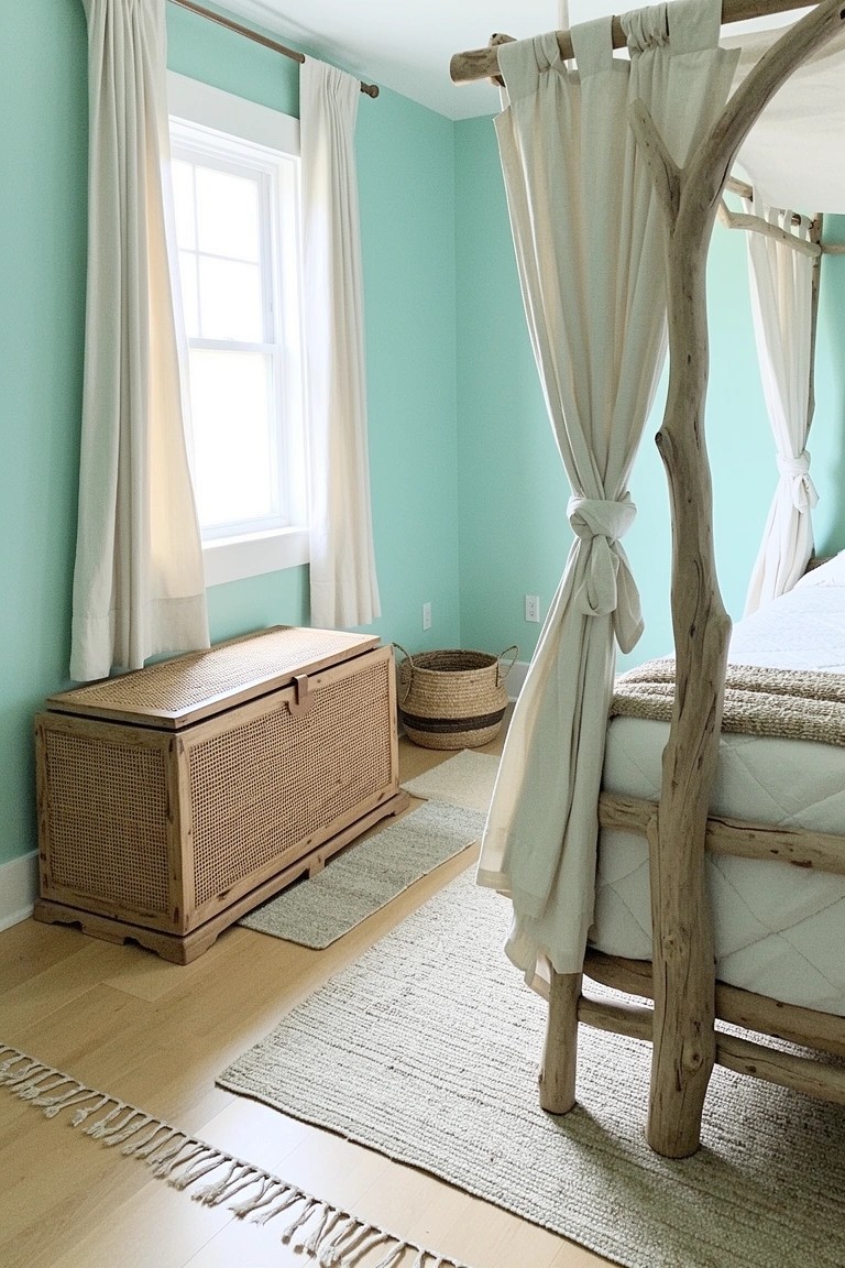 Boho bedroom with natural branch canopy bed frame, rattan chest, and soft green walls