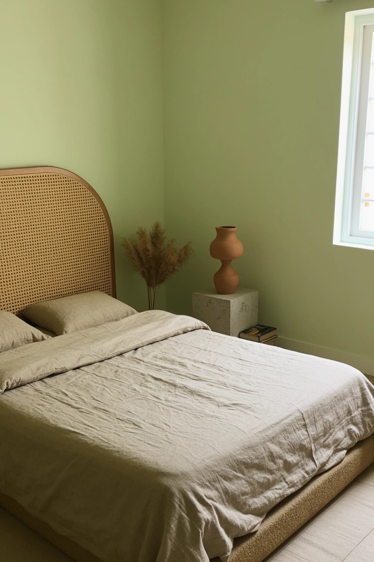 Bedroom corner with sage green walls, beige linen bed on rattan headboard, and terracotta vase holding pampas grass on white nightstand
