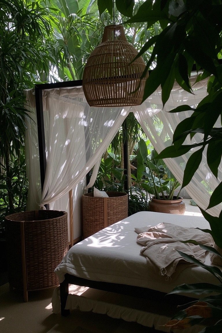Simple boho bed surrounded by lush tropical plants and sheer white curtains in a garden-like bedroom setting