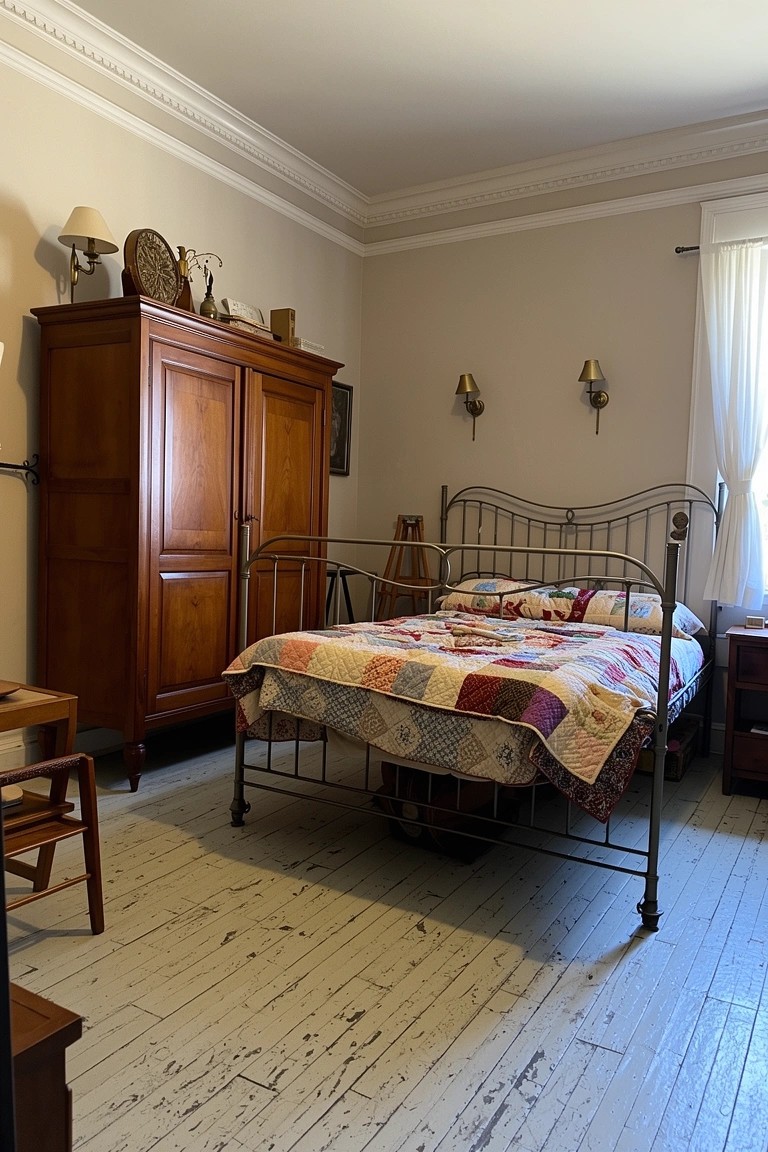 Boho bedroom with black iron bed frame topped by colorful patchwork quilt, flanked by tall wooden armoire and wooden side table on worn plank floors