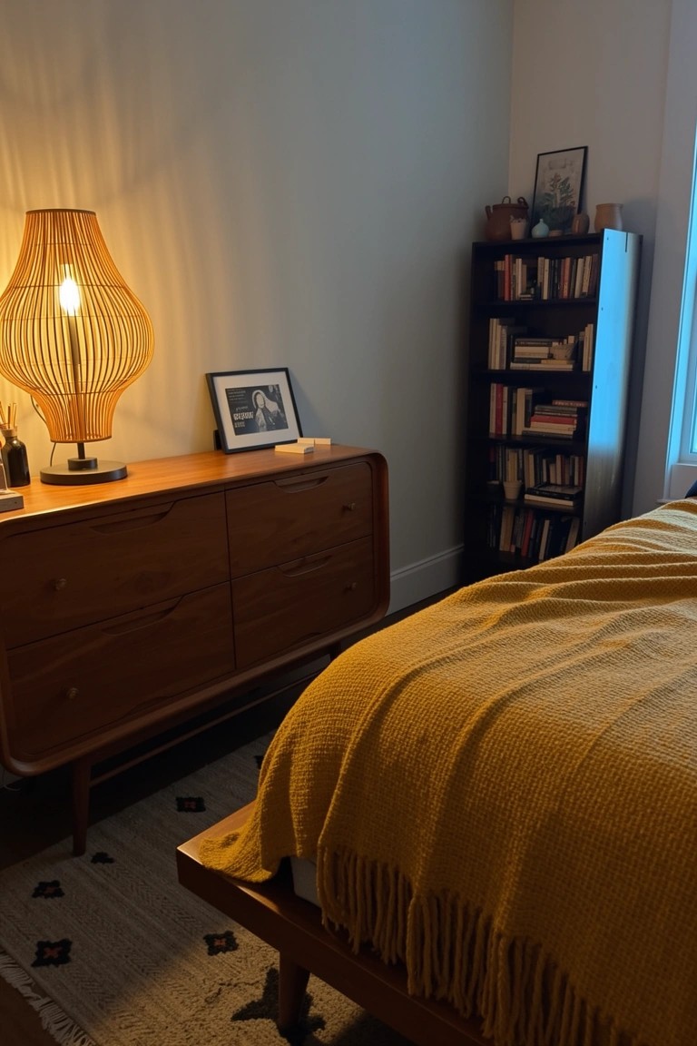 Cozy boho bedroom corner with mid-century wooden dresser, rattan lamp, bookshelves, and bed draped in yellow knit blanket