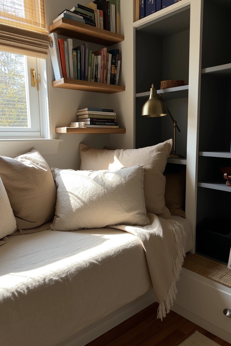 Built-in beige window bench with pillows and throw, surrounded by wooden bookshelves and brass lamp in a light-filled room