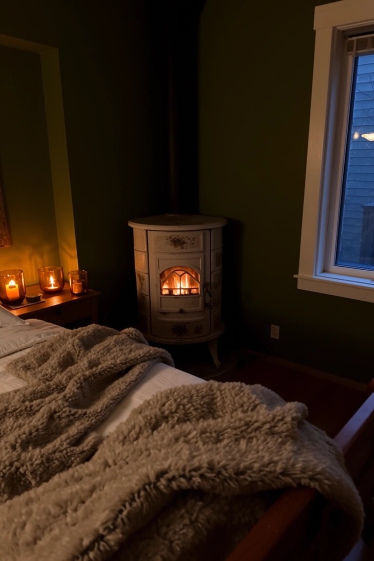 Cozy bedroom corner featuring a white ornate wood stove next to a bed, with green walls, candles on a nightstand, and soft bed blankets