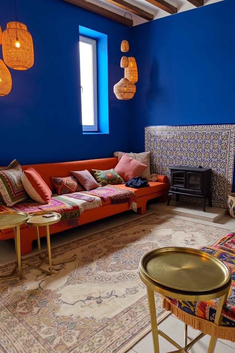 Boho living room with deep blue walls, orange sofa covered in colorful pillows, brass side tables, rattan pendant lamps, and tiled fireplace
