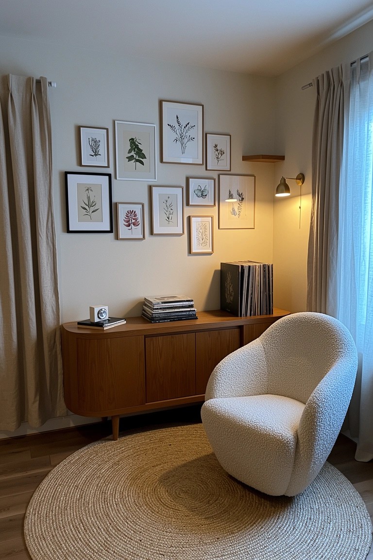 Cozy boho living room corner featuring a gallery wall of black-framed botanical prints above a wooden credenza with books, next to a white curved armchair on a round jute rug