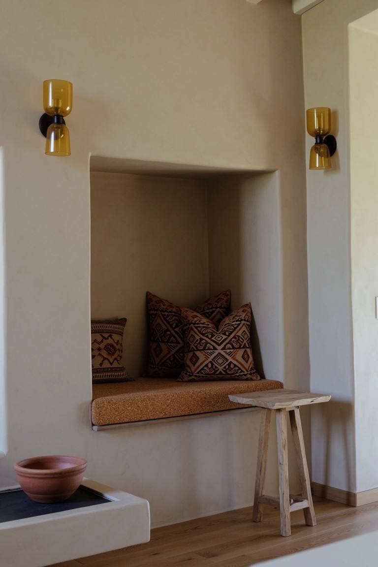Recessed beige wall with orange cushioned bench, patterned pillows, amber glass sconces, wooden stool, and terracotta pot on ledge
