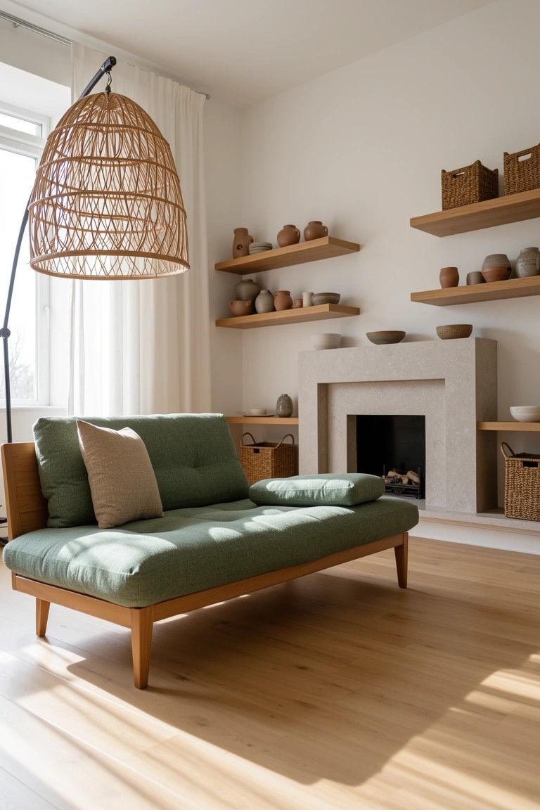 Green tufted daybed sofa facing a minimalist white fireplace in a boho living room with rattan pendant lamp, woven baskets, and ceramic pots on open shelves