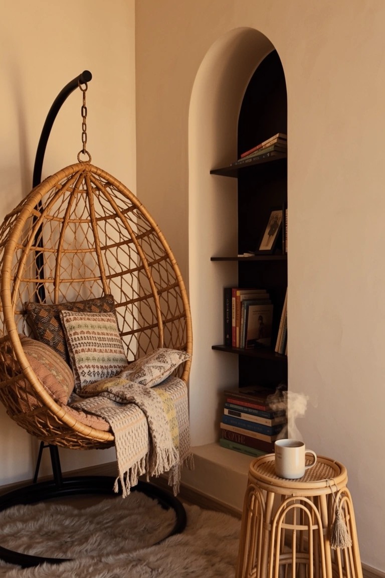 Beige room corner featuring a large hanging wicker egg chair with patterned cushions and knit throw, arched wooden bookshelves with books, rattan side table with teacup, and shaggy rug underneath