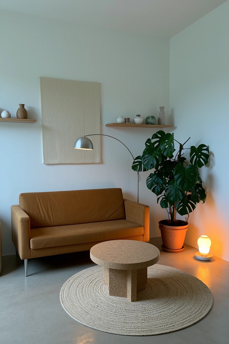 Living room corner with tan leather sofa, cork block coffee table on round jute rug, tall monstera plant in terracotta pot, wall shelves holding pottery, arc lamp, and soft glow from a small lamp
