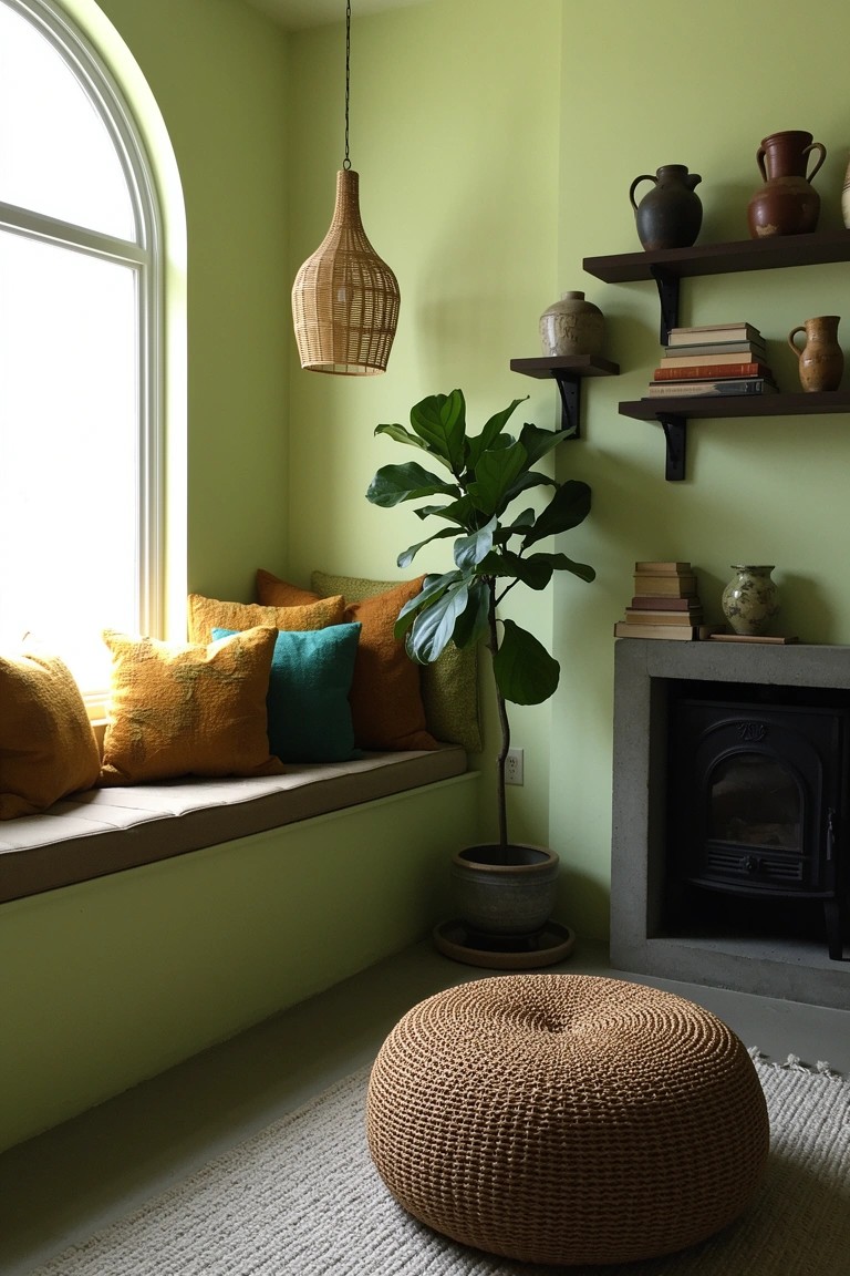 Sage green living room corner with arched window seat layered with orange and green cushions, tall fiddle leaf fig plant on shelves with pottery and books, rattan pendant light, woven pouf stool, and brick fireplace