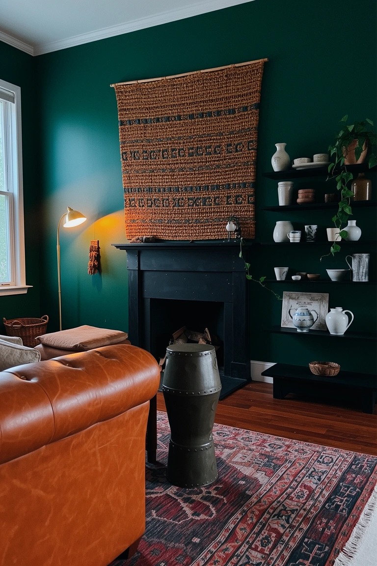 Boho living room with deep green walls, orange woven wall hanging above black fireplace, brown leather sofa, patterned red rug, and eclectic shelves with ceramics