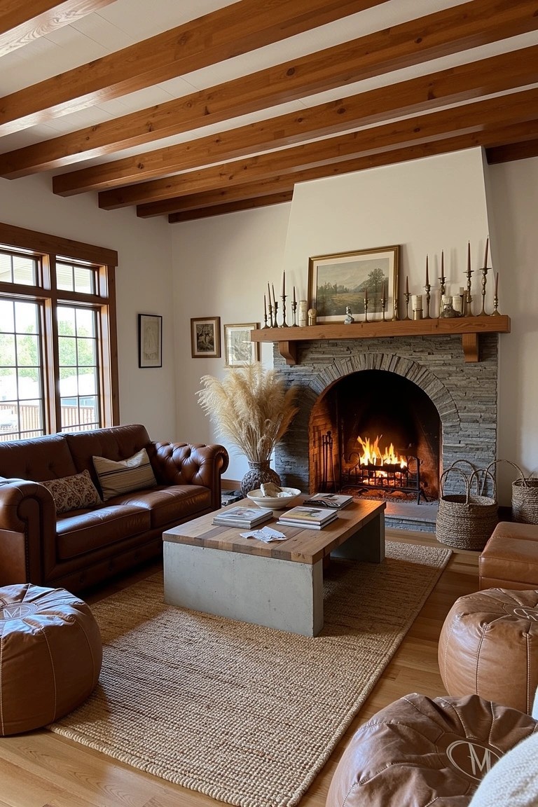 Cozy boho living room with dark exposed wood beam ceiling, arched stone fireplace burning brightly, brown leather sofa and poufs, jute rug, and tall pampas grass on mantel