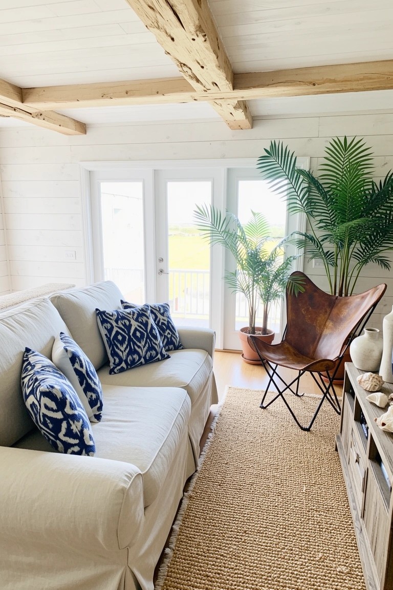 Boho living room with exposed wooden beams on white shiplap ceiling, cream slipcovered sofa with blue pillows, brown leather chair, potted palms, and beige rug