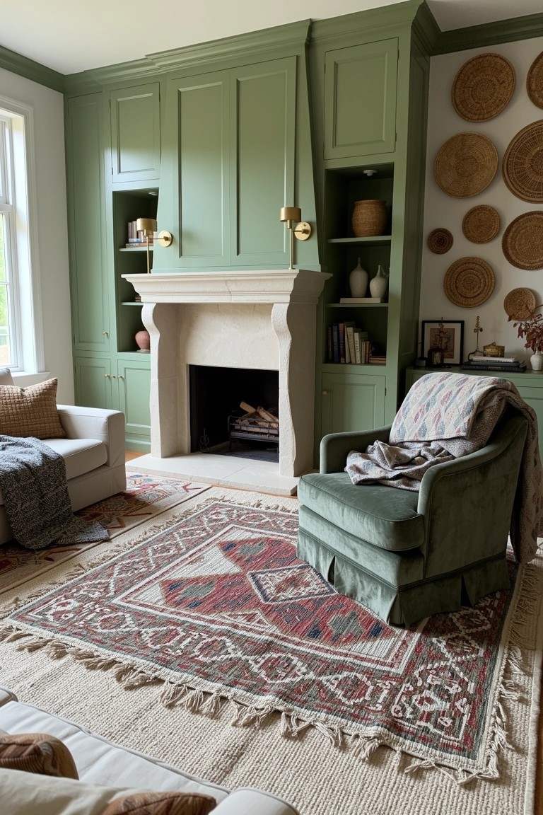 Living room with deep green built-in cabinets flanking a stone fireplace, green velvet chair, woven wall baskets, and red-patterned rug on wood floors