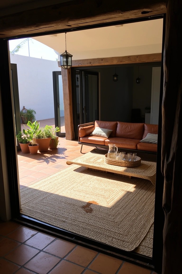 Boho living room opening via sliding doors to terracotta patio with tan leather sofa, woven rug, plants, and wooden beams