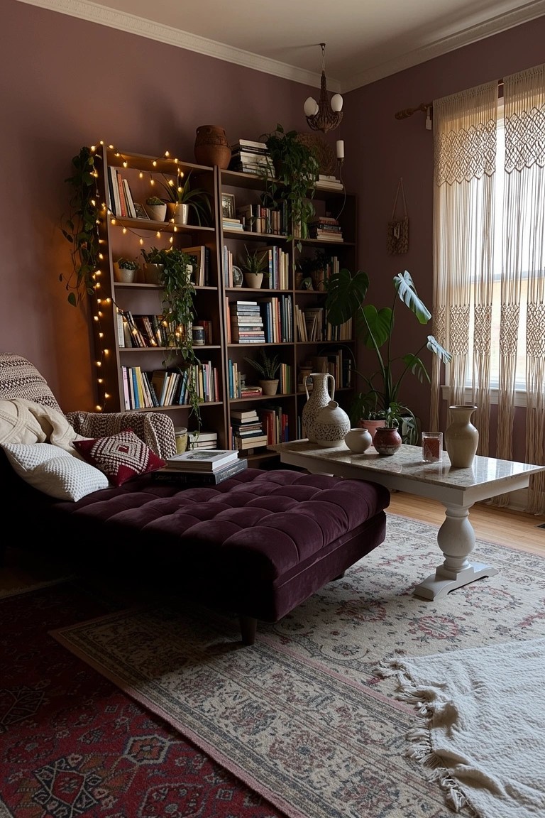 Mauve living room corner with tall wooden open bookshelves filled with books, potted plants, and string lights, next to a purple velvet chaise lounge and layered rugs