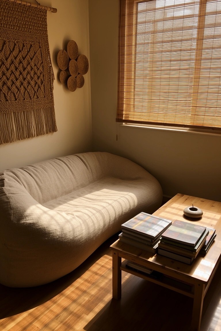 Sunny room corner with cream curved plush sofa, wooden low table holding stacked books and a small pot, macrame wall hanging, and woven discs nearby