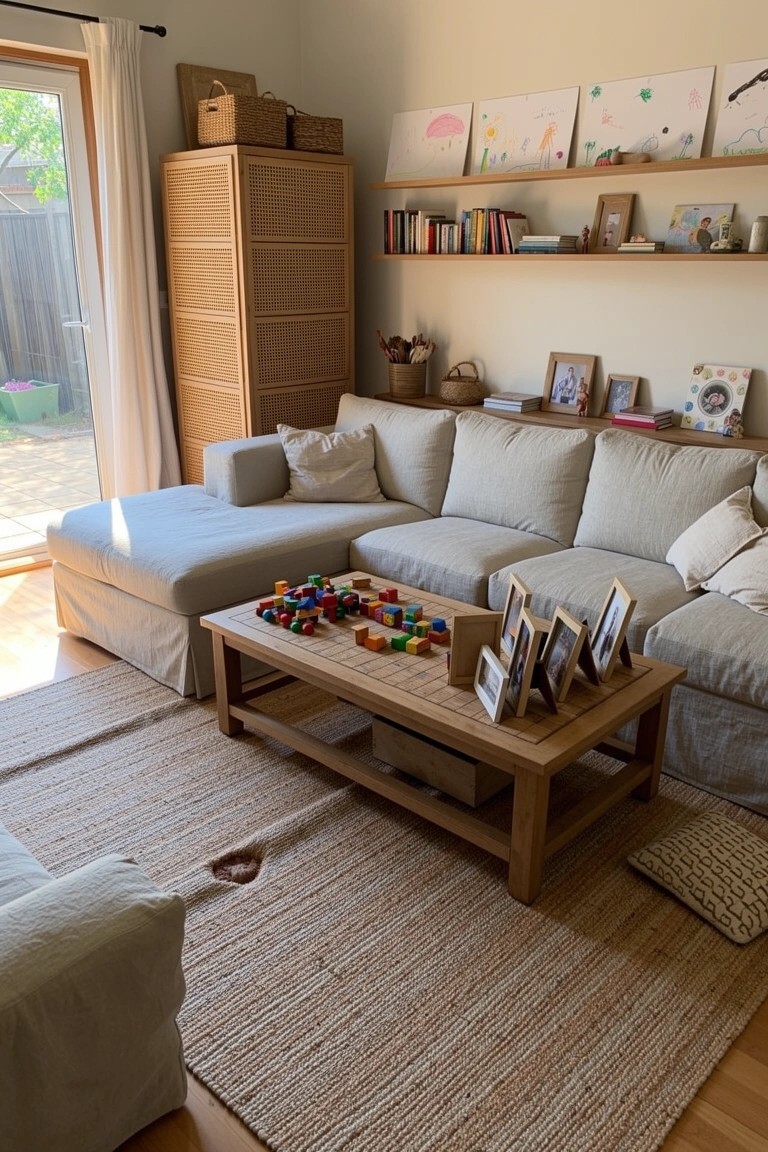 Boho living room with light sofa, wooden coffee table topped with colorful blocks, and seagrass rug covering the floor