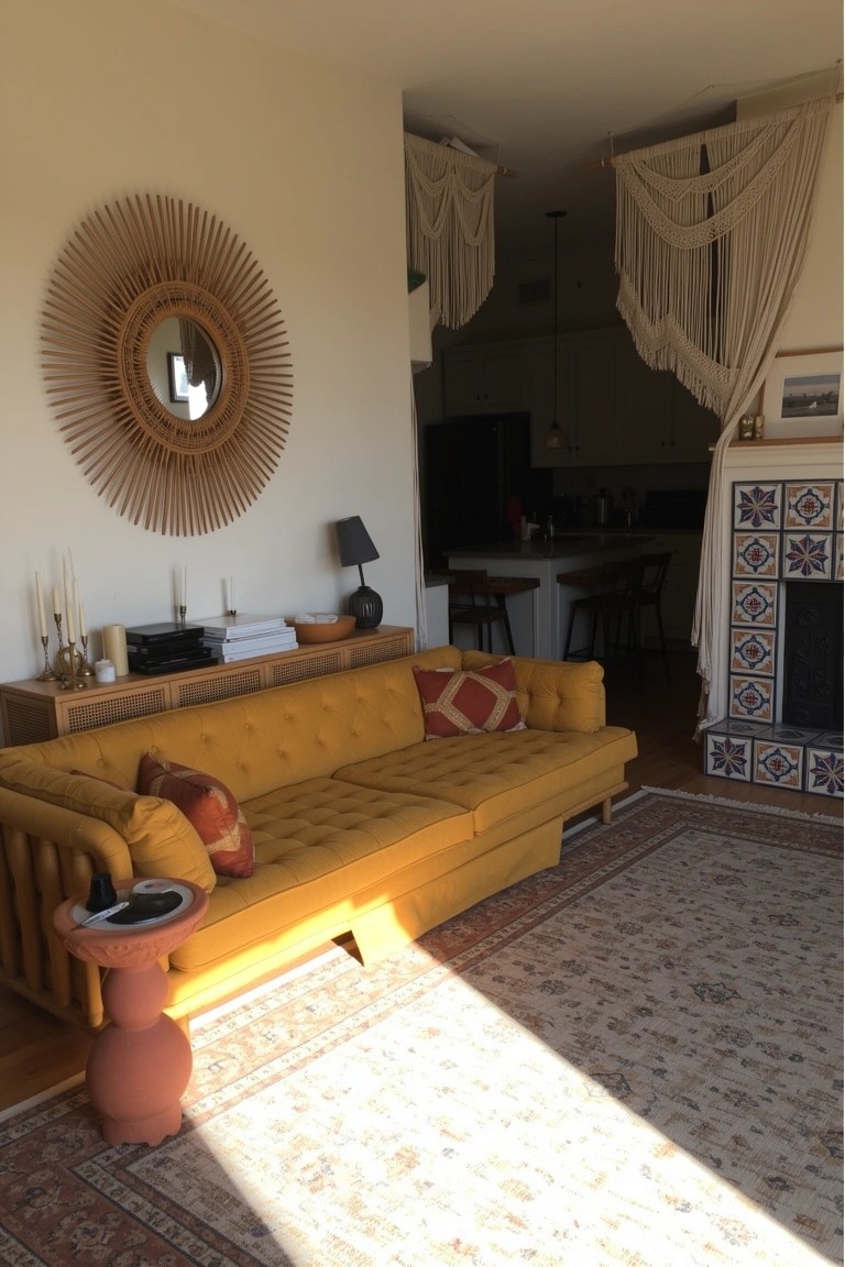 Boho living room with mustard yellow sofa, rattan sunburst mirror, terracotta side table, and open kitchen view