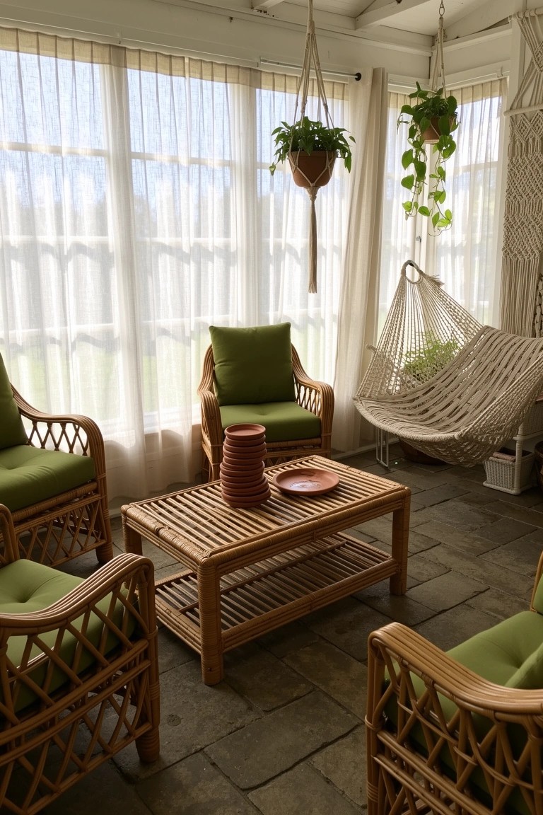 Sunroom with green-cushioned wicker chairs around a wooden coffee table, hanging plants, sheer curtains, and a white hammock chair