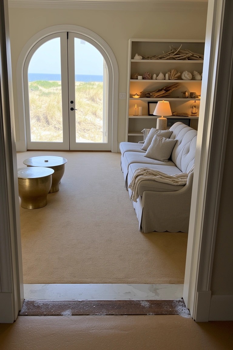 Light beige living room with arched French doors open to beach dunes, neutral sofa facing the view