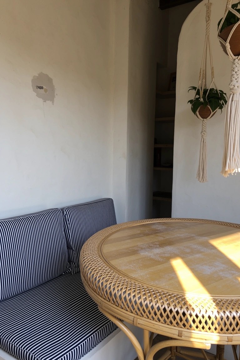 White-walled corner nook with blue-striped bench cushions, round rattan table, and hanging macrame plants