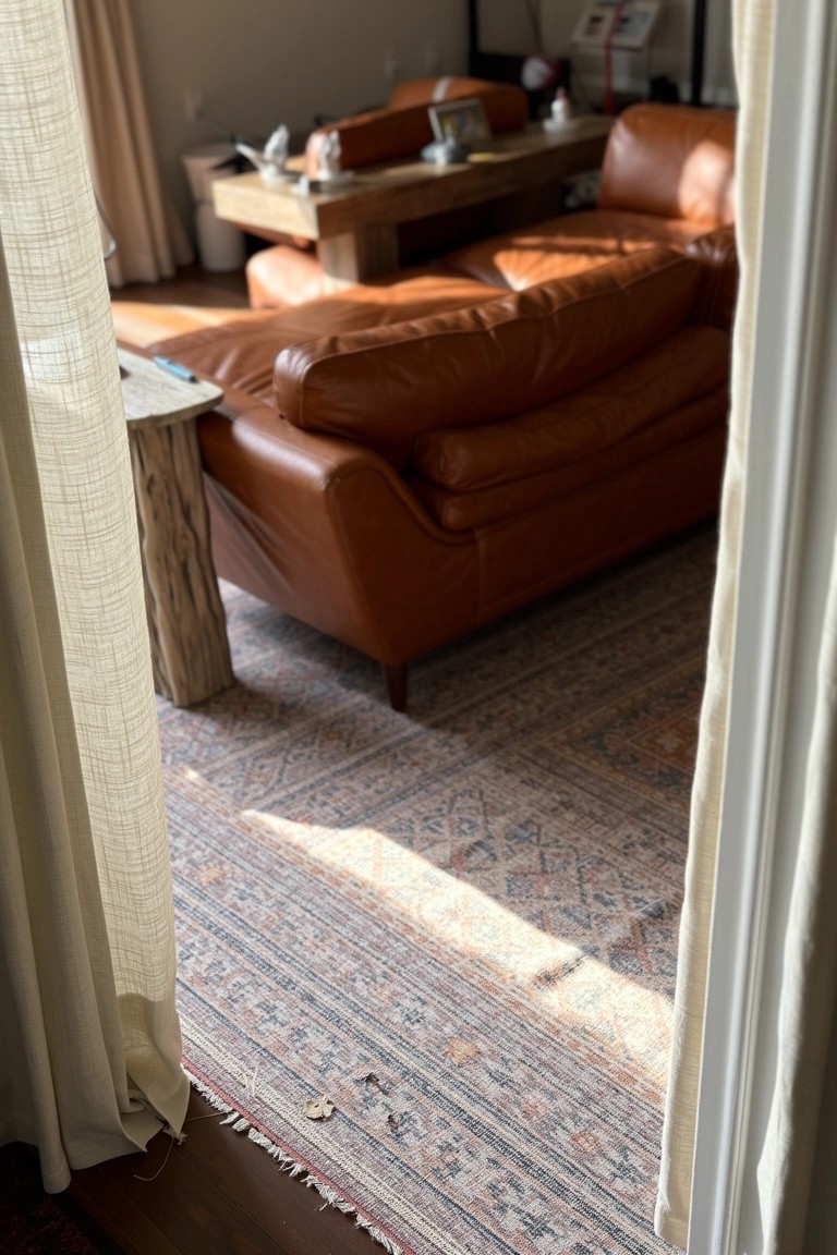 Beachy living room with brown leather sofas facing each other around wooden coffee tables on a warm-toned rug, sheer curtains framing a doorway