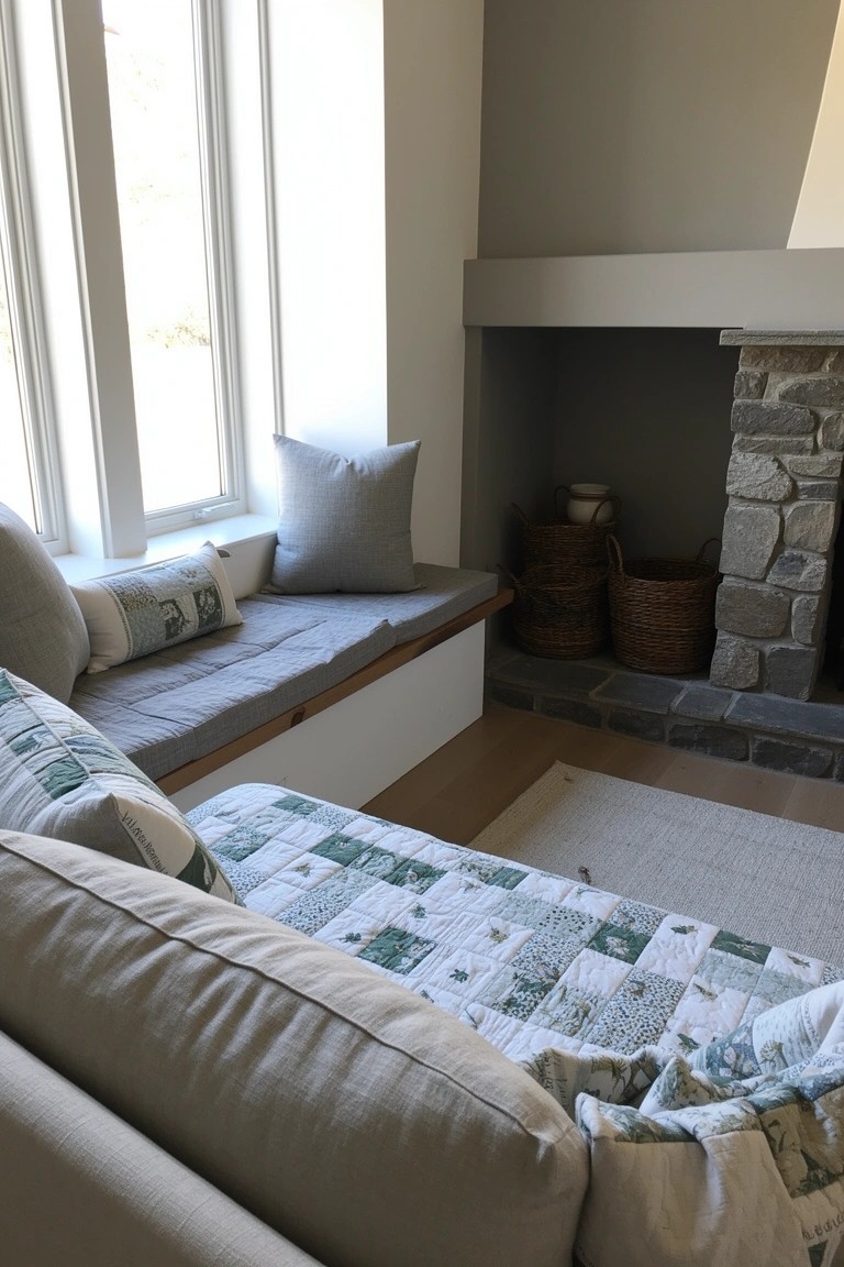 Cozy Window Bench by the Fireplace