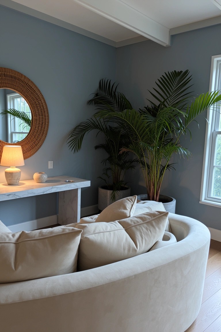 Curved cream sofa in a blue-walled corner with potted palms, rattan mirror, and marble table