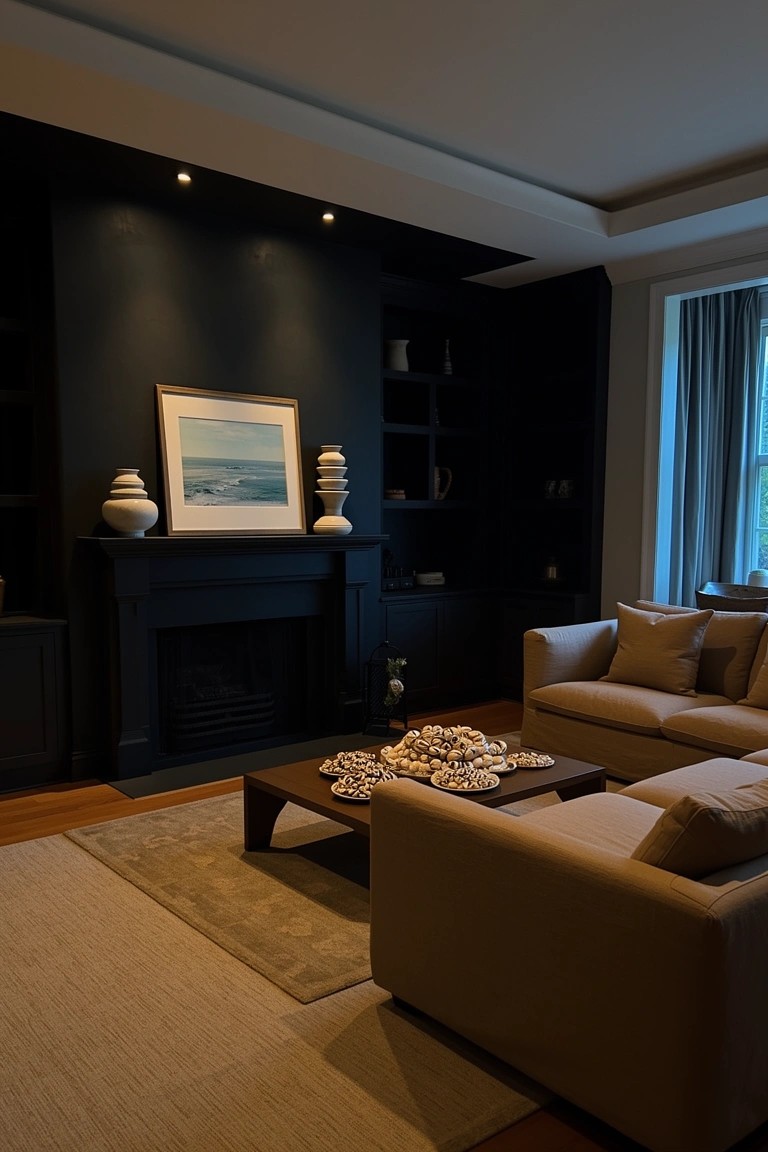 Cozy living room featuring a dark painted fireplace wall with built-in shelves, neutral beige sofa, wooden coffee table with shell decor, and seascape painting above the mantel