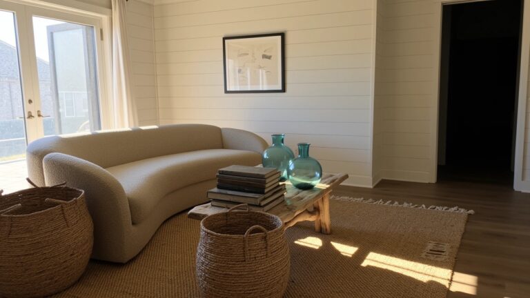 21 Cozy Beachy Living Room Ideas For A Comfortable Retreat Cozy beachy living room with curved cream sofa, low wooden coffee table topped with turquoise glass vases and book stacks, pairs of woven seagrass baskets tucked underneath, beige fringed rug, white shiplap walls, and sliding doors to balcony