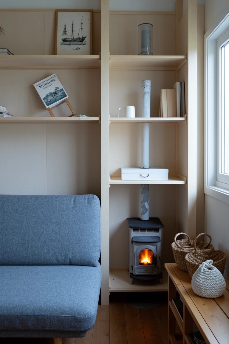 Cozy living room with light wood open shelving flanking a wood-burning stove and blue sofa