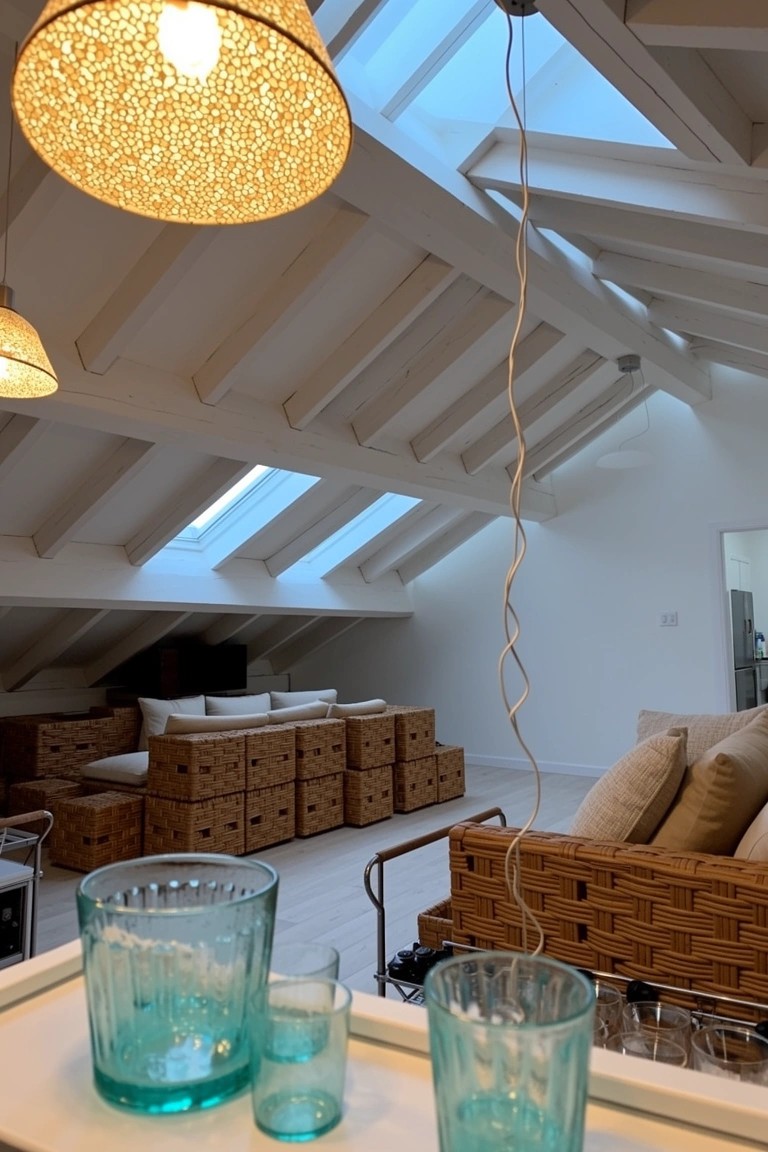 Stacks of woven wicker baskets for storage next to rattan sofa in light-filled attic living room with skylights and turquoise glass tumblers