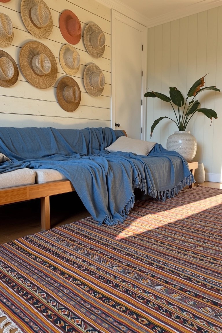 Sunlit beachy sunroom with straw hats mounted on white shiplap wall above a blue daybed draped in fringe blankets, potted plant nearby, and striped rug on wood floor