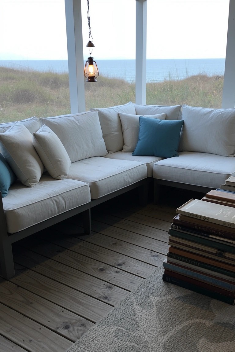 White corner sectional sofa in a beach house sunroom with ocean view, pillows, books, and hanging lantern