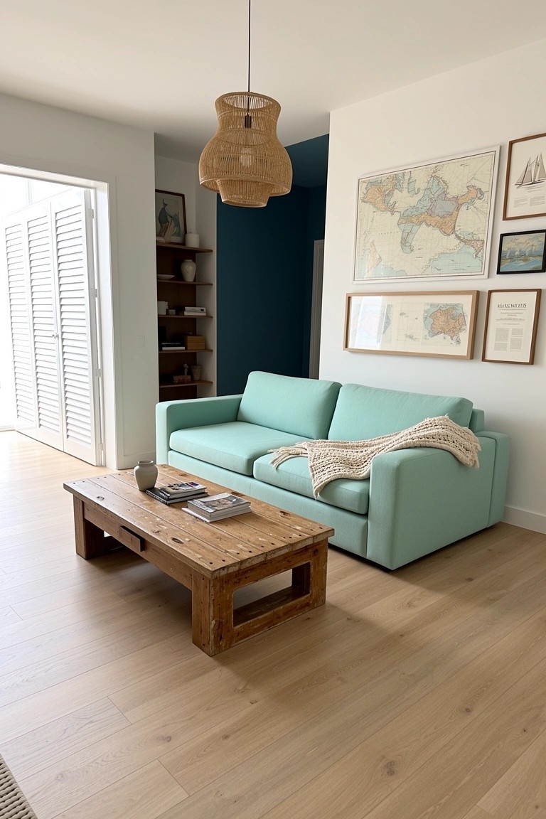 Teal sofa on light wood floors with rustic coffee table, rattan pendant light, open shelves, and framed nautical maps in a bright living room