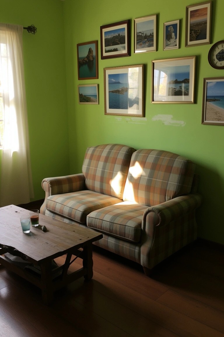 Cozy corner seating in a lime green room with plaid sofa, wooden table, and wall of framed beach photos