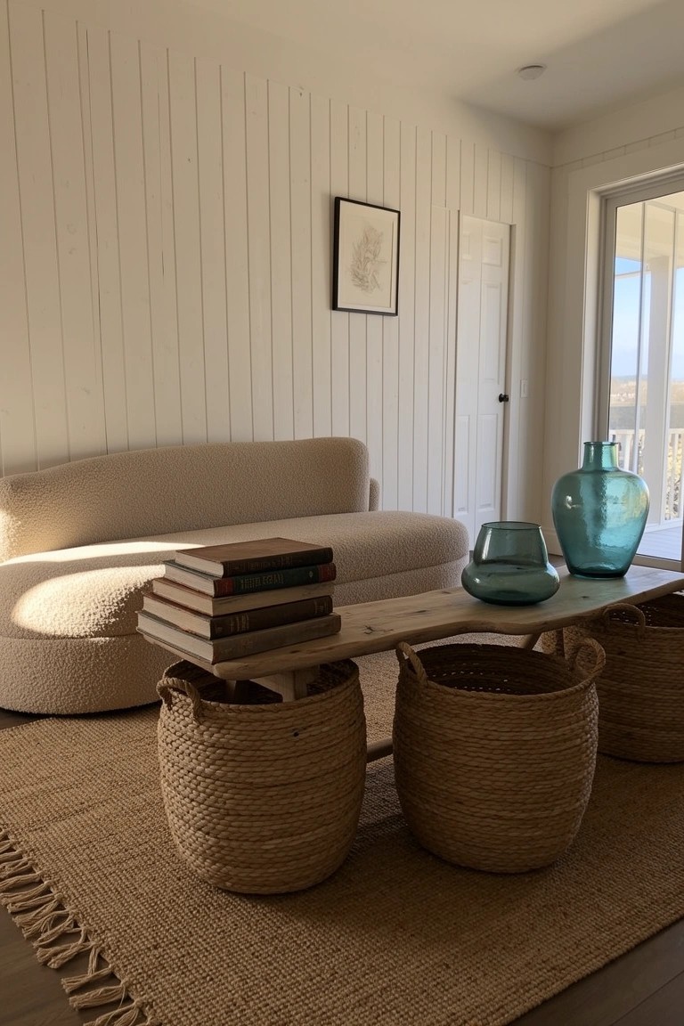 Cozy beachy living room with curved cream sofa, low wooden coffee table topped with turquoise glass vases and book stacks, pairs of woven seagrass baskets tucked underneath, beige fringed rug, white shiplap walls, and sliding doors to balcony