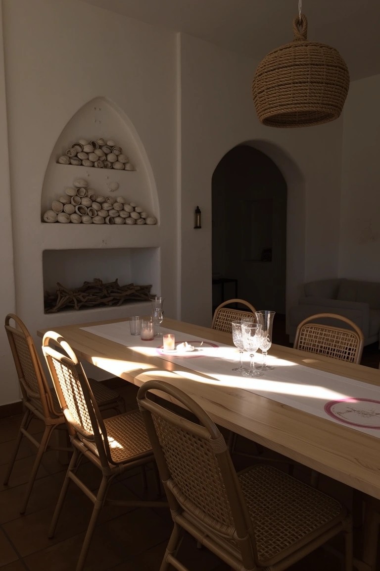 Arched white wall niche stacked with white ceramic spheres above a long wooden dining table with rattan chairs, driftwood fireplace, and natural light in a coastal bohemian dining area