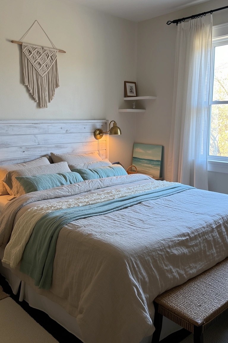 White shiplap headboard in a light coastal bedroom with neutral bedding, macrame hanging, and ocean painting.