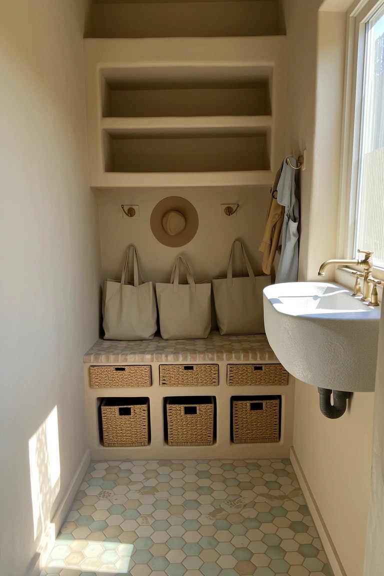 Narrow beige laundry nook with built-in bench, wicker drawer baskets below, canvas tote bags and straw hat on hooks, wall sink, and hexagonal tile floor.