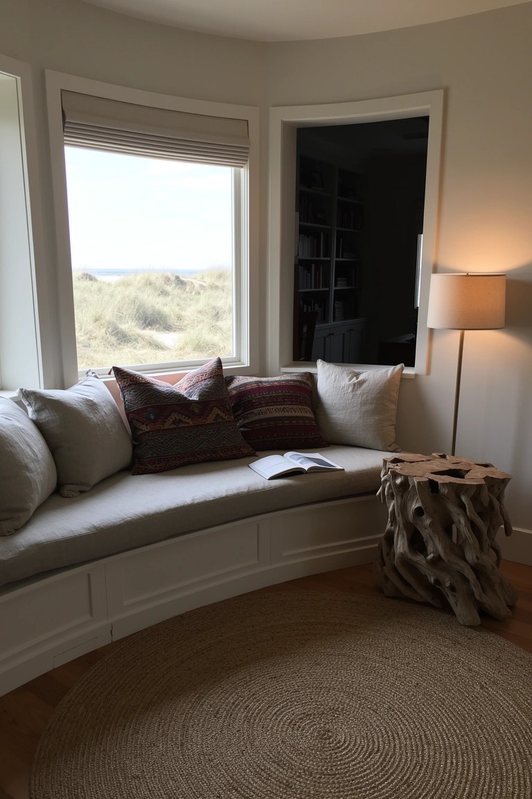 Curved white built-in window seat piled with patterned pillows and a book, next to a driftwood table on a seagrass rug in a light room with dune view