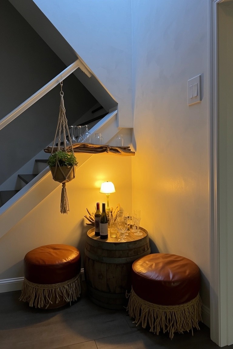 Small seating nook under wooden stairs with barrel stools, cushions, plants, wine bottles, and lamp