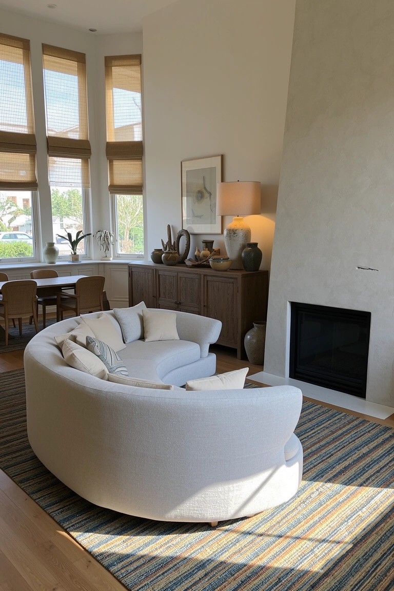 Curved white sofa facing a fireplace in a light-filled living room with neutral tones and striped rug
