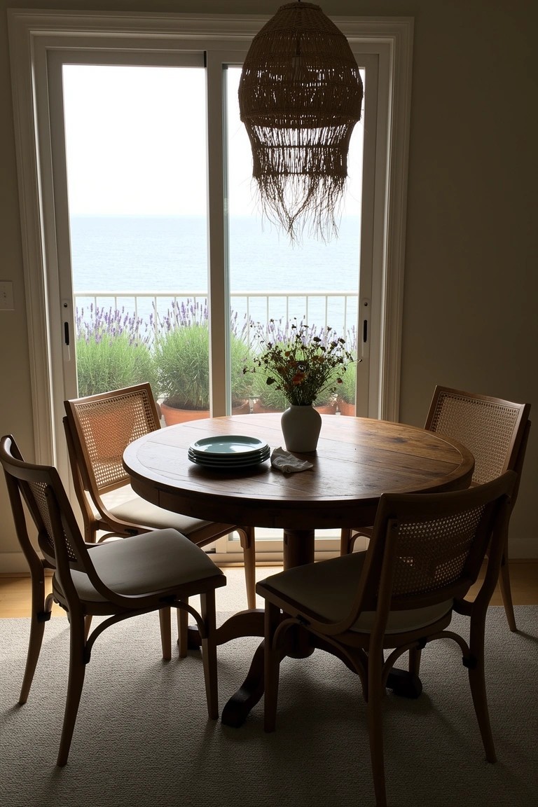 Round wooden dining table with rattan chairs under a woven pendant light, positioned by open sliding doors to a sea-view balcony with potted plants