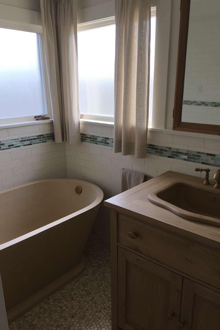 Beige freestanding soaking tub beside wooden vanity in white-tiled bathroom with glass mosaic tile accents and pebble floor