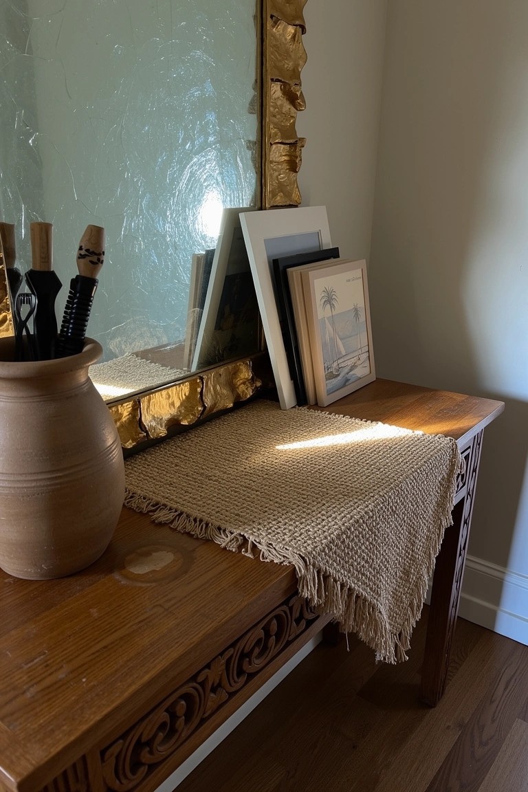 Wooden console table with carved legs in a light room, holding a fringed beige runner, terracotta vase with sticks, and several leaning picture frames against a large gold-framed mirror.